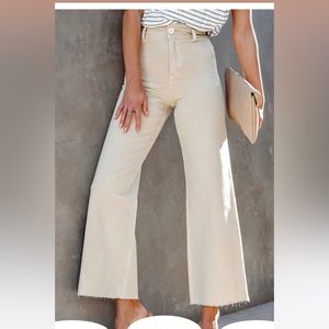 HIGH RISE STRETCH WIDE LEG JEANS - BEIGE small